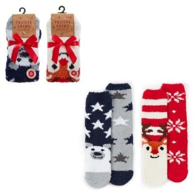 Ladies Fluffy Christmas Slipper Socks with grippers - 2 pack