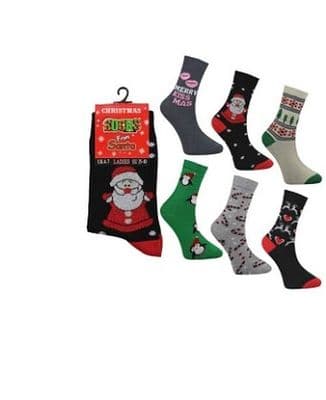 Ladies Novelty Christmas Design Socks Cotton Rich - 6 Designs - Size 4 - 7 UK