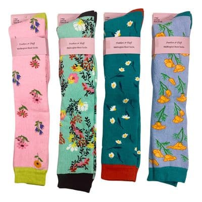 Ladies Wellington Boot Socks 4 Pack Floral Design UK 4-8 Cotton Rich Welly