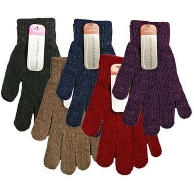 Ladies Womens Chenille Winter Gloves Black Navy Red Black Purple Brown Brand New