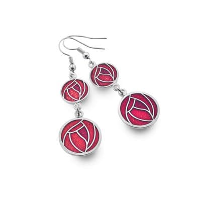 Mackintosh Rose Enamel Double Drop Earrings Rhodium Plated Gift Boxed