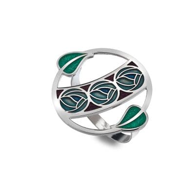 Mackintosh Roses Ribbon & Leaves Enamel Scarf Ring – Mauve/Turquoise by Sea Gems