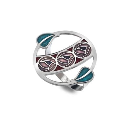 Mackintosh Roses Ribbon & Leaves Enamel Scarf Ring – Red/Lilac by Sea Gems