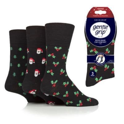 Mens Gentle Grip Christmas Socks 3 Pack UK 6-11 Dark Festive Cotton Rich