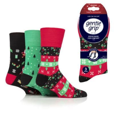 Mens Gentle Grip Christmas Socks 3 Pack UK 6-11 Festive Cotton Rich Gift