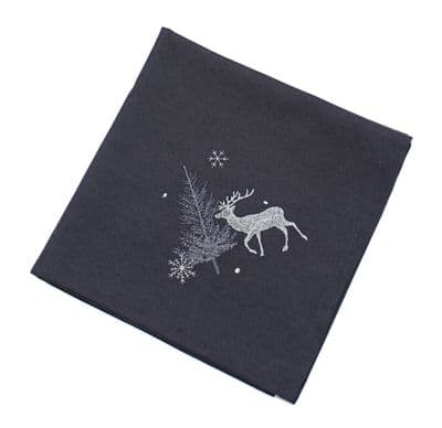 Neve Pewter/Silver  Winter Woodland Stag Christmas Embroidered Napkin 18