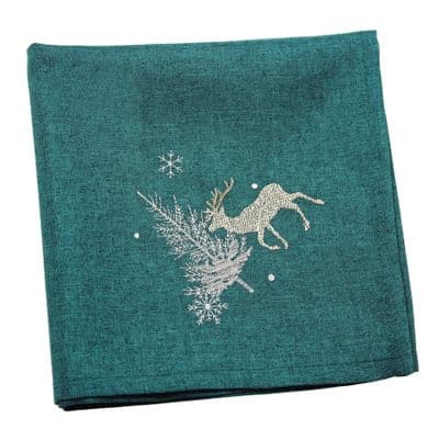 Neve Woodland Stag Green/Silver Emrboidered Christmas Napkin - 45cm x 45cm