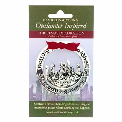 Outlander Inspired Standing Stones Christmas Decoration – Silver Plated ‘Nollaig Chridheil’ Ornament