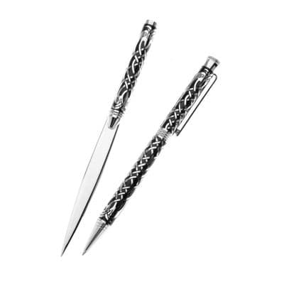 Pen & Pocket Knife Set - Celtic Birds, Rhodium-Plated Brass