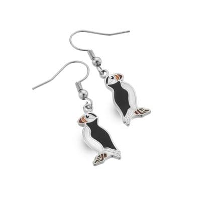 Puffin Black /White Enamel Drop Earrings