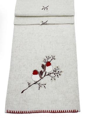 Pussywillow Christmas Robin Embroidered Table Runner  14x75