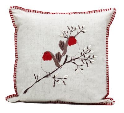 Pussywillow Embroidered Christmas Robin Cushion