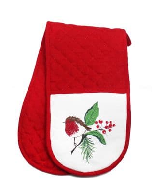Robin Hedgerow Christmas Embroidered Double Oven Glove - 20cm x 8cm