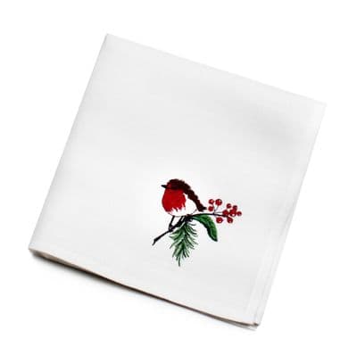 Robin Hedgerow Christmas Embroidered Napkin - 45cm x 45cm