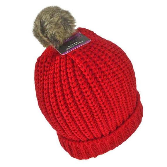 Scottie Dog Bobble Beanie Hat Red Rib Knit