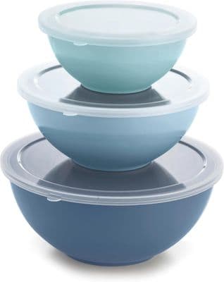 Set of 3 Blue Nesting Mixing Bowls with lids. 1150ml, 2000ml, 3350ml