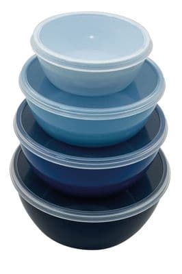 Set of 4 Blue Nesting Mixing Bowls with lids. bowls are sized in cups from 1 - 4
