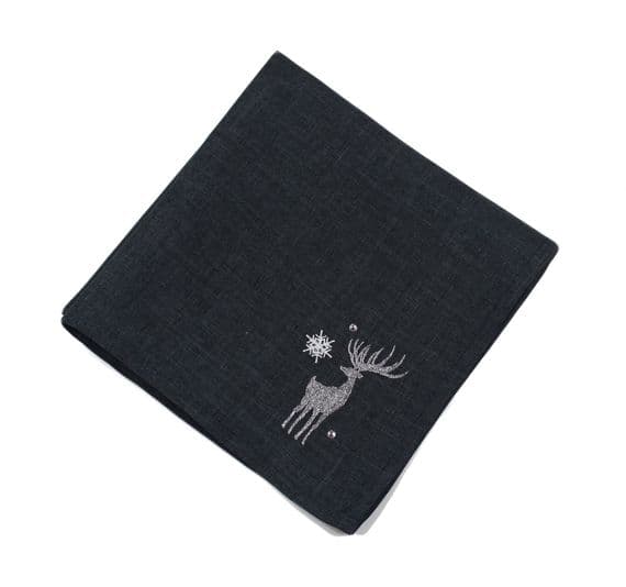 Shimmer Stag Embroidered Pewter/Silver Christmas Napkin - 45cm x 45cm