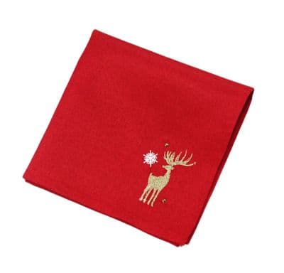 Shimmer Stag Embroidered Red/Gold Christmas Napkin - 45cm x 45cm