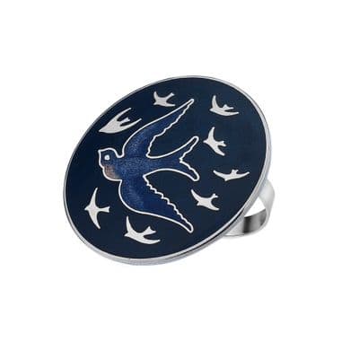 Swallows in Flight Enamel Scarf Ring - Blue