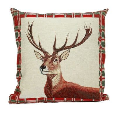 Tartan Stag Christmas Tapestry Cushion - 45cm x 45cm