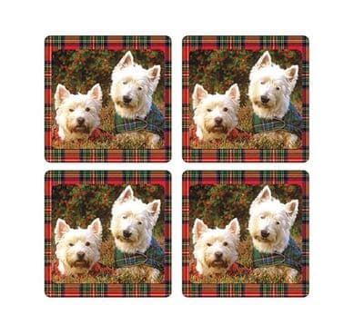 Westies in Heather Coasters on Royal Stewart Tartan Background - Pack of 4