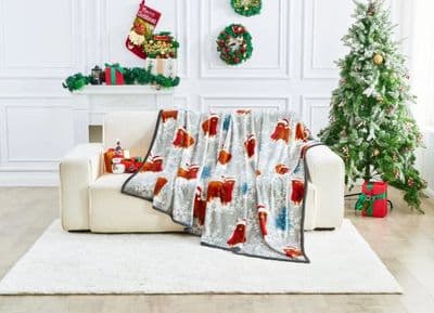 Winter Highland Cow Christmas Sherpa Throw  Luxury Flannel Blanket 150cm x 230cm