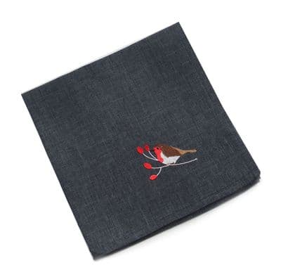 Winter Robins Embroidered Christmas Napkin - Pewter/Multi - 45cm x 45cm