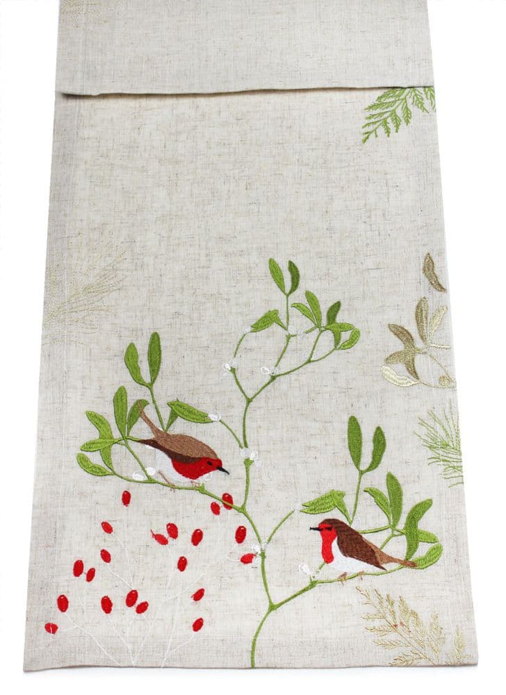 Winter Robins Embroidered Christmas Table Runner - Beige/Multi - 14