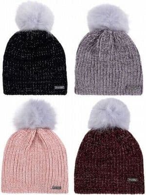 Womens Glittery Chenille Bobble Hat With Faux Fur Pom Pom ProHike