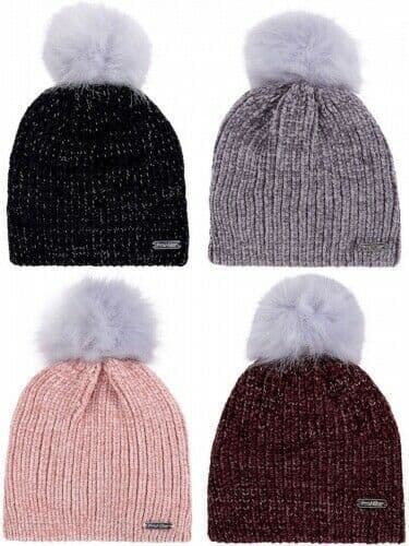 Womens Glittery Chenille Bobble Hat With Faux Fur Pom Pom ProHike