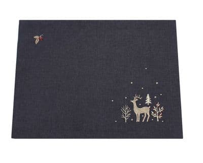 Woodland Way Christmas Stag Embroidered Placemat in Pewter/Copper - 33cm x 45cm