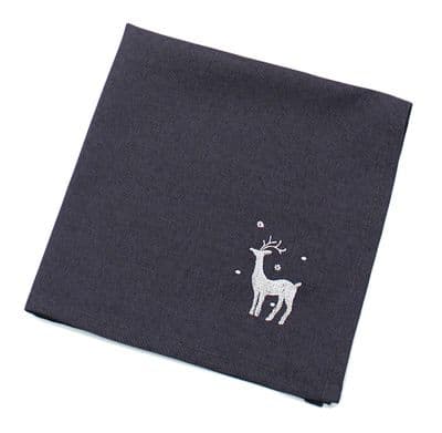 Woodland Way Stag Embroidered Christmas Napkin in Pewter/Silver - 45cm x 45cm