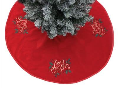 Yuletide Greeting Merry Christmas Embroidered Cotton Velvet Tree Skirt - 100cm