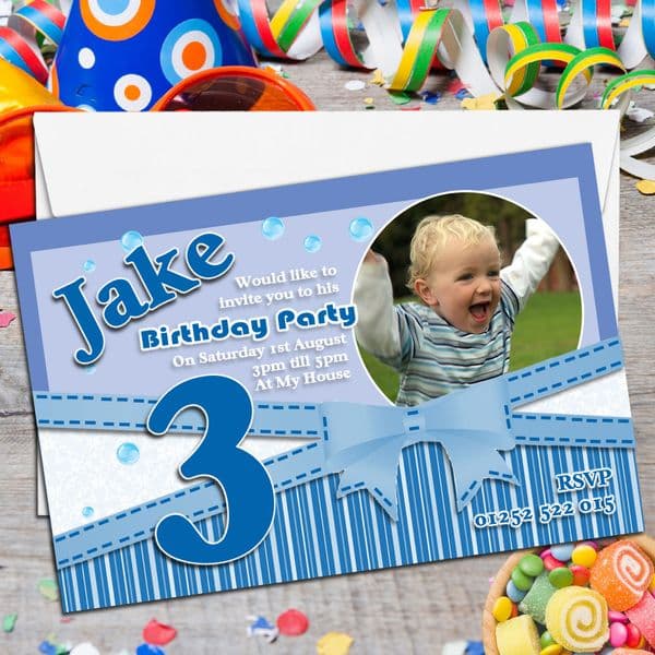10 Boys Bow Birthday Party PHOTO Invitations N153