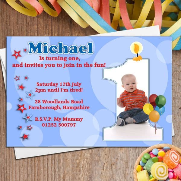 10 Boys Personalised First 1st Birthday Party PHOTO Invitations N19