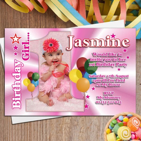 10 Girls Personalised First 1st Birthday Party PHOTO Invitations N21