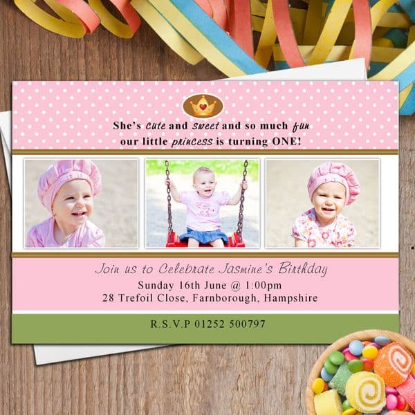 10 Girls Personalised First 1st Birthday Party PHOTO Invitations N24