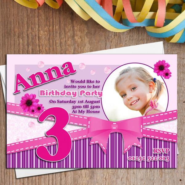 10 Girls Personalised Pink Bow Birthday Party PHOTO Invitations N152