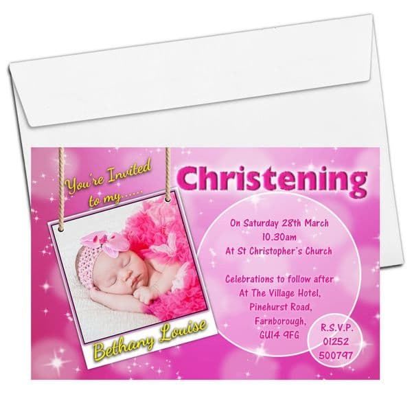 10 Girls Personalised Pink Sparkle Christening Baptism Invitations PHOTO Invites N111