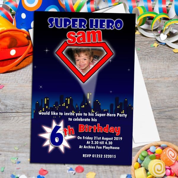 10 Persoanlised Super heroes Birthday Party PHOTO Invitations N149