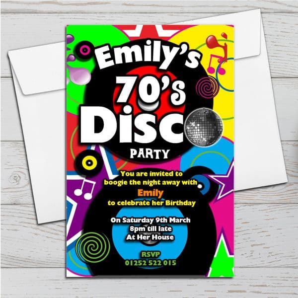 10 Personalised 70's Disco Birthday Party Invitations N130