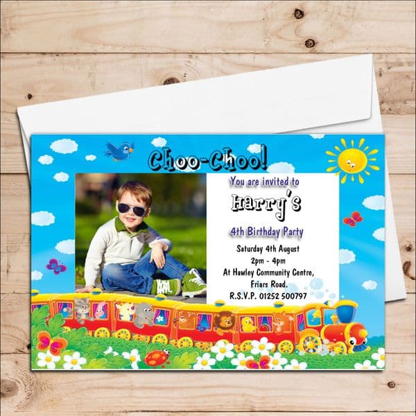 10 Personalised Animal Train Birthday Party Photo Invitations