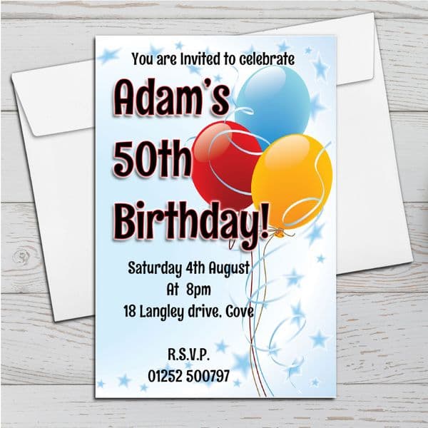 10 Personalised Balloons 18th 21st 30th 40th 50th 60th Birthday Party Invites N2