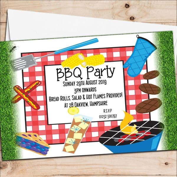 10 Personalised BBQ Barbeque Summer Garden Birthday Party Invitations N1