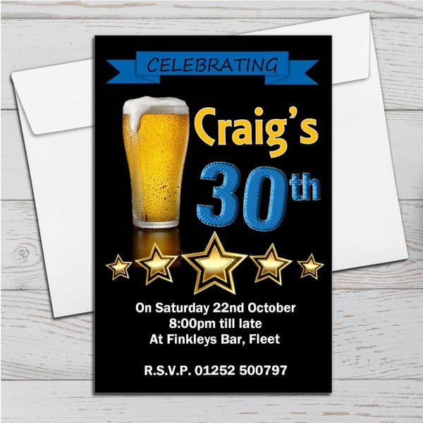 10 Personalised Beer Glass Birthday Party Invitations N199