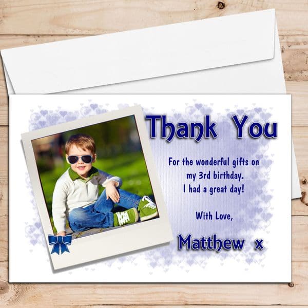 10 Personalised Birthday Christening Boys Blue Hearts Thank you PHOTO Cards N89