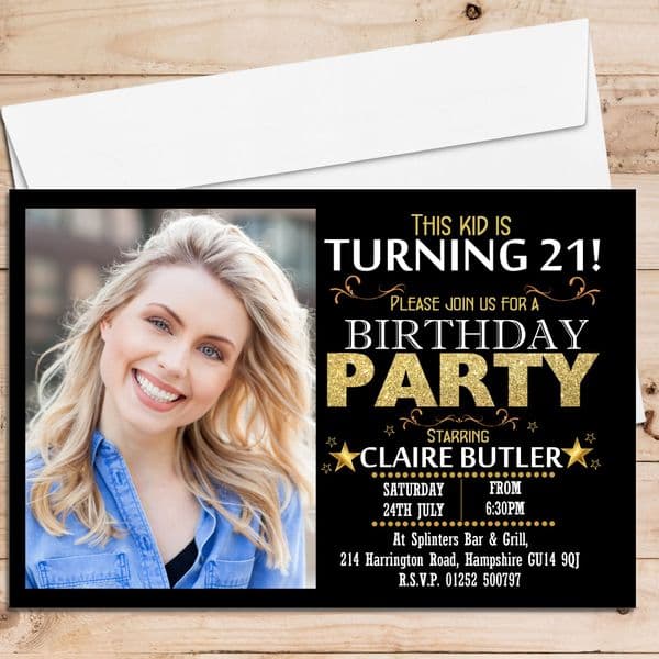 10 Personalised Birthday Party PHOTO Invitations N213 Black & Gold Sparkle Star ANY AGE