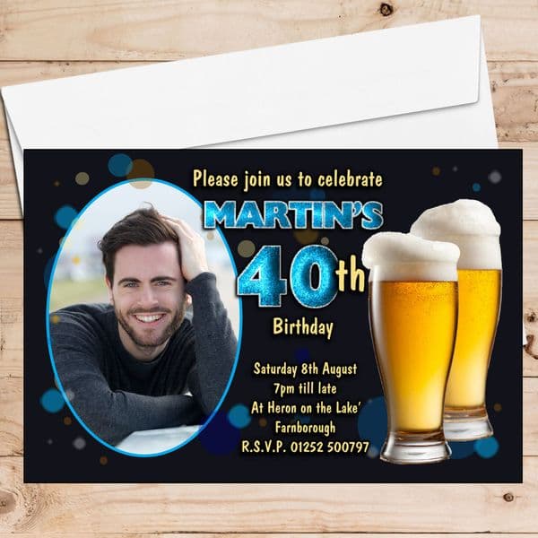 10 Personalised Birthday Party PHOTO Invitations N214 Black & Blue Bokeh Beer Larger ANY AGE