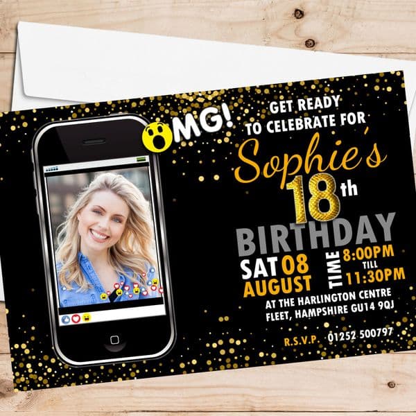 10 Personalised Birthday Party PHOTO Invitations N224 Black & Gold Phone Emotions - ANY AGE